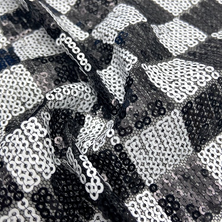 Classic pattern polyester black and white chess plaid 3mm mesh embroidery sequin fabric for dress and bags
