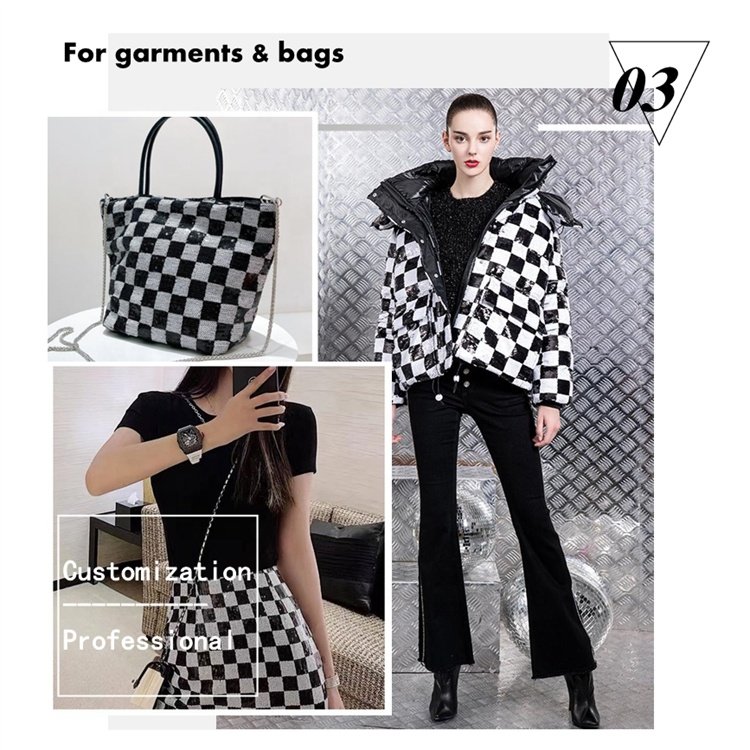 Classic pattern polyester black and white chess plaid 3mm mesh embroidery sequin fabric for dress and bags