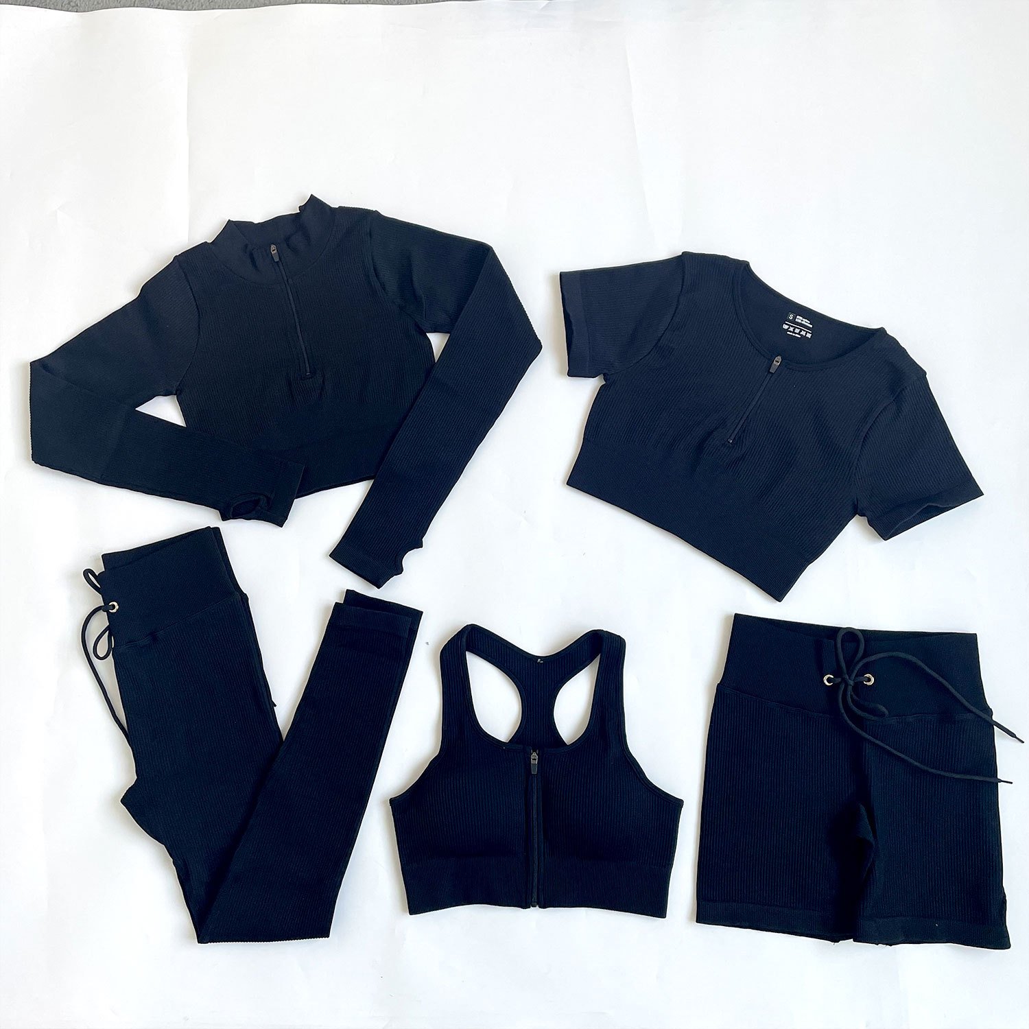 New Seamless Knitted Thread Tight Long Sleeve Half Zipper Top And Striped Yoga Leggings Sexy Rib Knitted Yoga Set