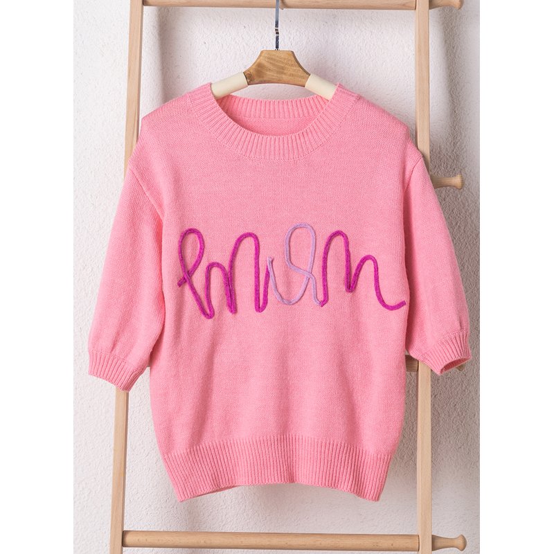 Dear-Lover OEM ODM Wholesale Private Label Mom Corded Ribbed Knit Graphic Short Sleeve Sweater For Women