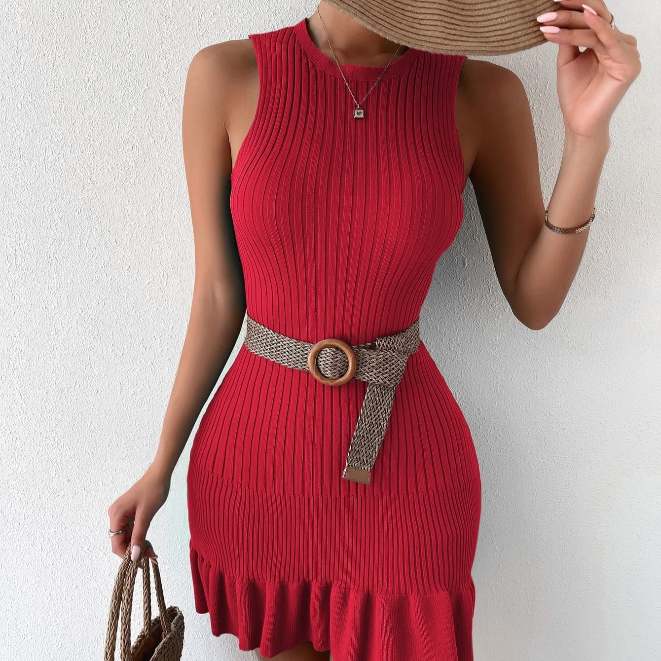 Rib Sweater Summer Knitted Dresses Knit Dress Solid Color Bodycon Round Neck Sleeveless Mini Casual Dresses Sexy