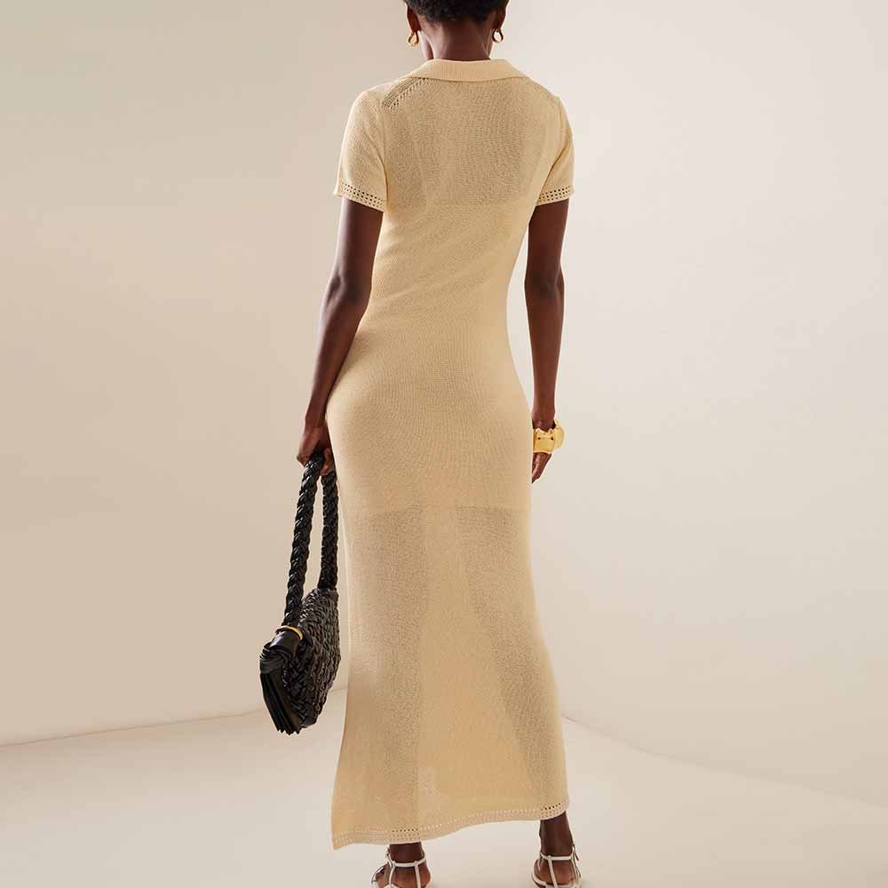Knitwear Manufacturer Custom Autumn Winter V-Neck Turn-down Collar Bodycon Ladies Textured-Knit Maxi Dress