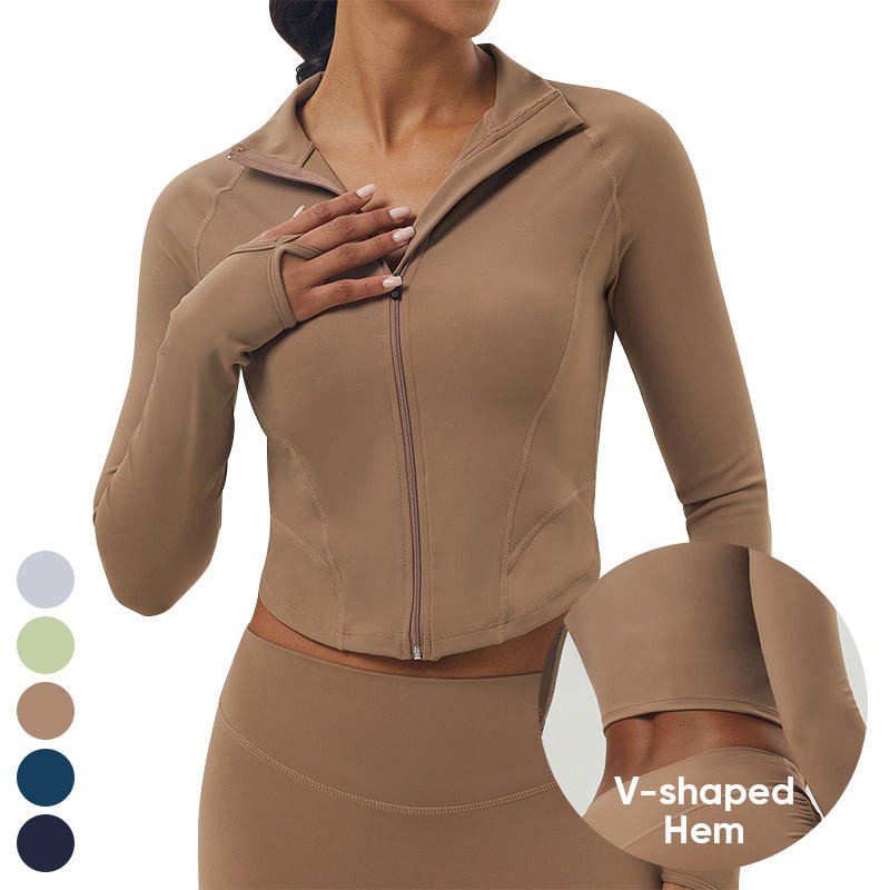 Stand Up Collar V-shaped Hem Long Sleeve Slim Running Sports Tops Zipper Gym Fitness Workout Jackets Yoga Jacket For Women