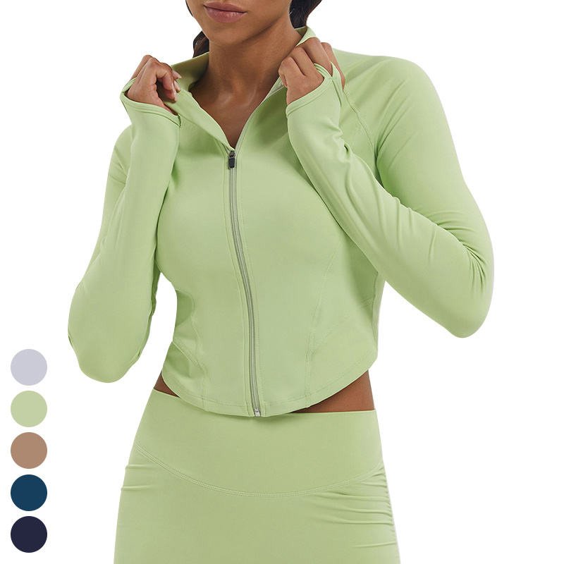 Stand Up Collar V-shaped Hem Long Sleeve Slim Running Sports Tops Zipper Gym Fitness Workout Jackets Yoga Jacket For Women