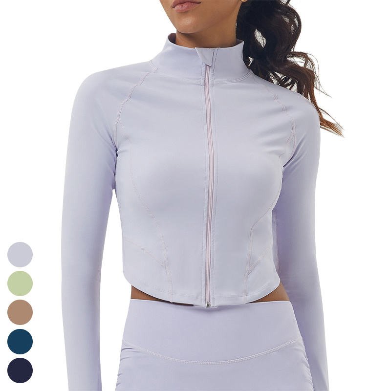 Stand Up Collar V-shaped Hem Long Sleeve Slim Running Sports Tops Zipper Gym Fitness Workout Jackets Yoga Jacket For Women