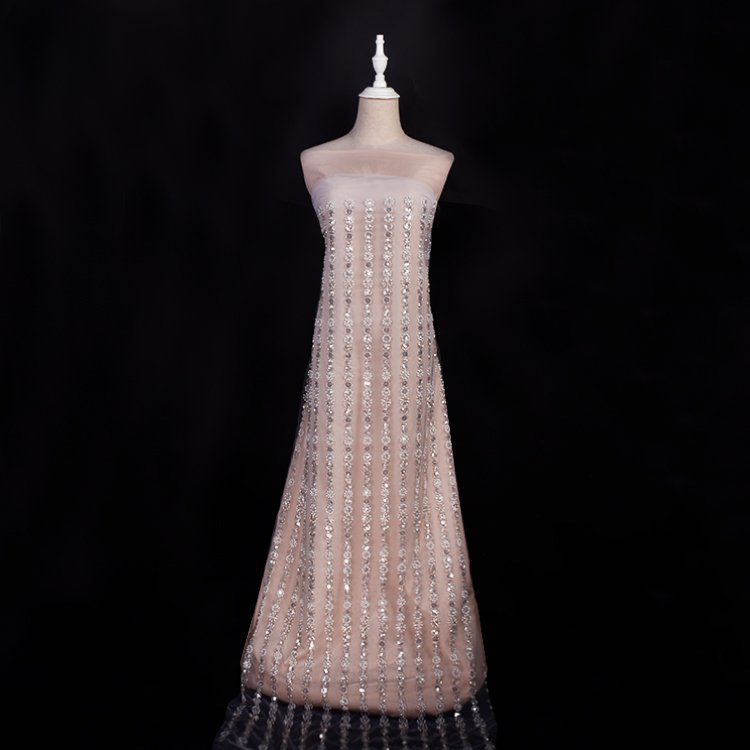 OEM Wholesale Price Lace Fabric Embroidery Sequins Custom Design White Luxury Beaded Pearls Lace Mesh Fabric for bridal dress