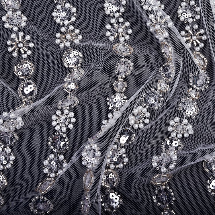 OEM Wholesale Price Lace Fabric Embroidery Sequins Custom Design White Luxury Beaded Pearls Lace Mesh Fabric for bridal dress