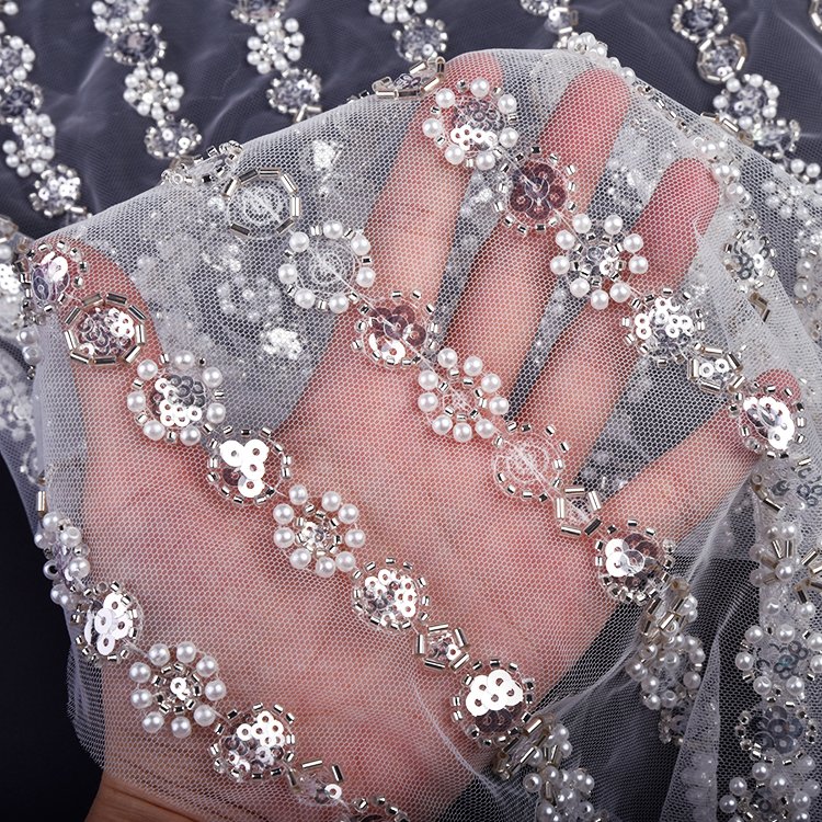 OEM Wholesale Price Lace Fabric Embroidery Sequins Custom Design White Luxury Beaded Pearls Lace Mesh Fabric for bridal dress