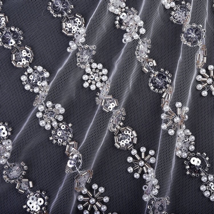 OEM Wholesale Price Lace Fabric Embroidery Sequins Custom Design White Luxury Beaded Pearls Lace Mesh Fabric for bridal dress