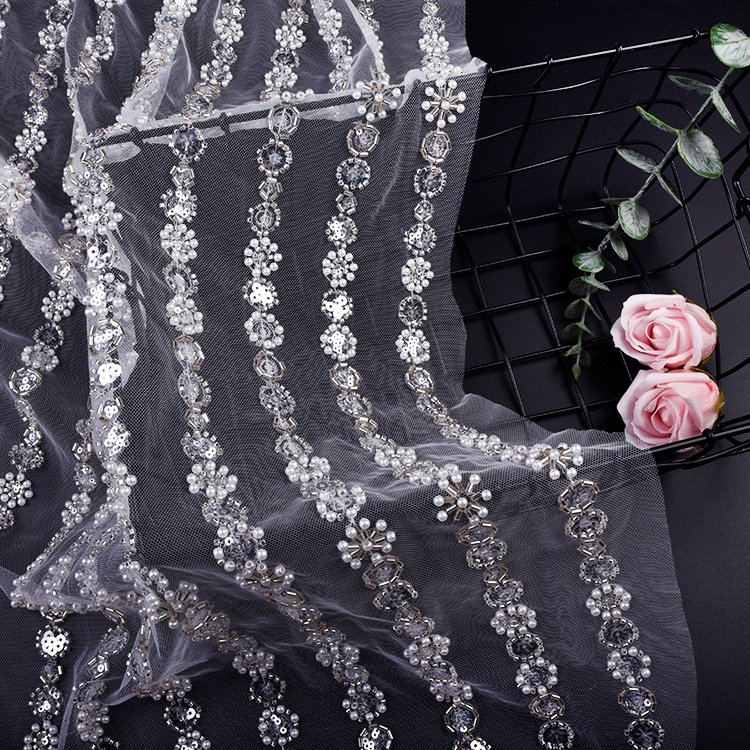 OEM Wholesale Price Lace Fabric Embroidery Sequins Custom Design White Luxury Beaded Pearls Lace Mesh Fabric for bridal dress