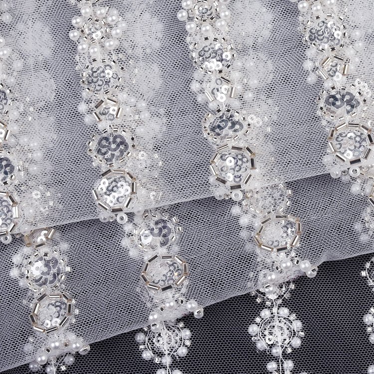 OEM Wholesale Price Lace Fabric Embroidery Sequins Custom Design White Luxury Beaded Pearls Lace Mesh Fabric for bridal dress