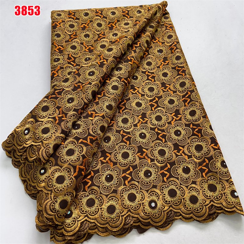 3853 New Arrival African Cotton Embroidery Lace Fabric 5 Yards Swiss Voile Lace with Rhinestones for Women Wedding Dresses Sew