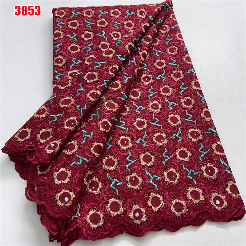 3853 New Arrival African Cotton Embroidery Lace Fabric 5 Yards Swiss Voile Lace with Rhinestones for Women Wedding Dresses Sew