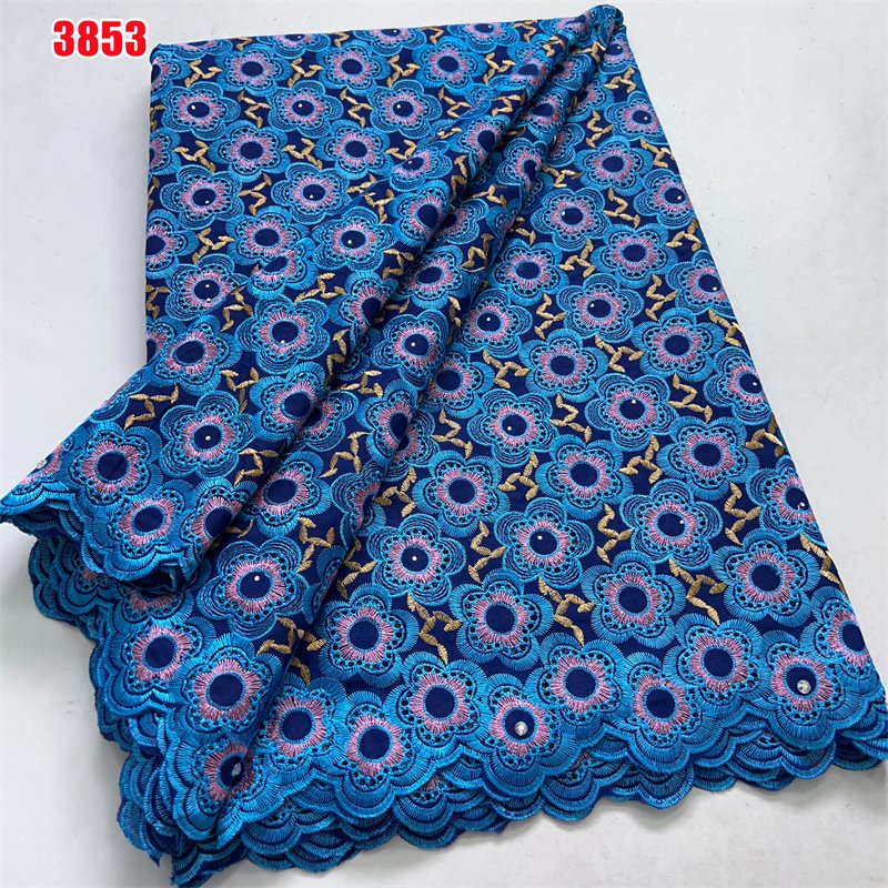 3853 New Arrival African Cotton Embroidery Lace Fabric 5 Yards Swiss Voile Lace with Rhinestones for Women Wedding Dresses Sew