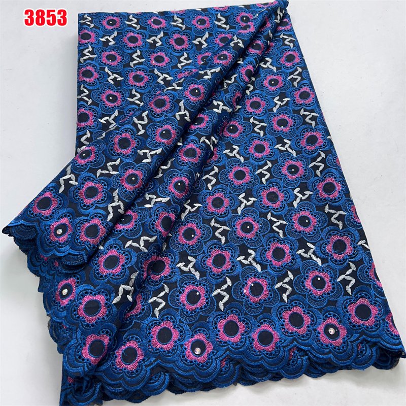 3853 New Arrival African Cotton Embroidery Lace Fabric 5 Yards Swiss Voile Lace with Rhinestones for Women Wedding Dresses Sew