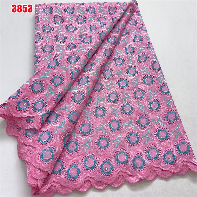 3853 New Arrival African Cotton Embroidery Lace Fabric 5 Yards Swiss Voile Lace with Rhinestones for Women Wedding Dresses Sew