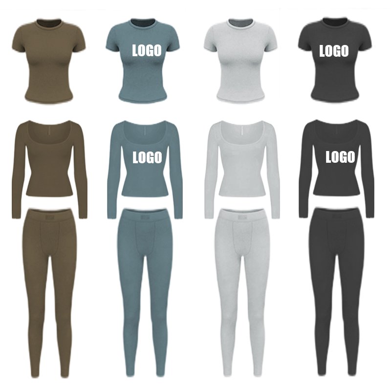 2025 Ribbed Loungewear Women Sets Long Sleeve And Leggings Set Custom Logo Two Piece Skinny Set Clothing For Women 2024 Winter
