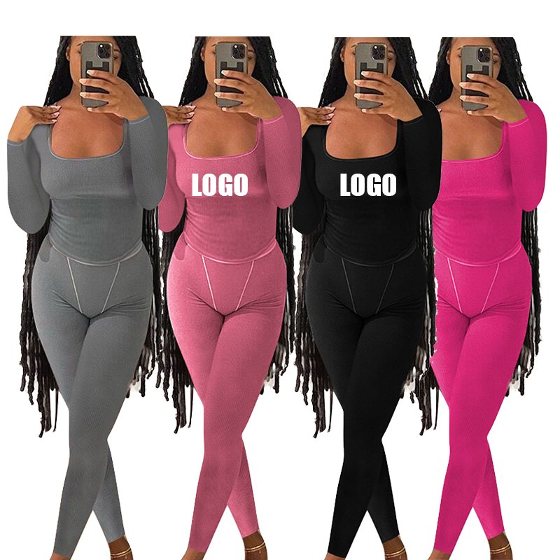 2025 Ribbed Loungewear Women Sets Long Sleeve And Leggings Set Custom Logo Two Piece Skinny Set Clothing For Women 2024 Winter