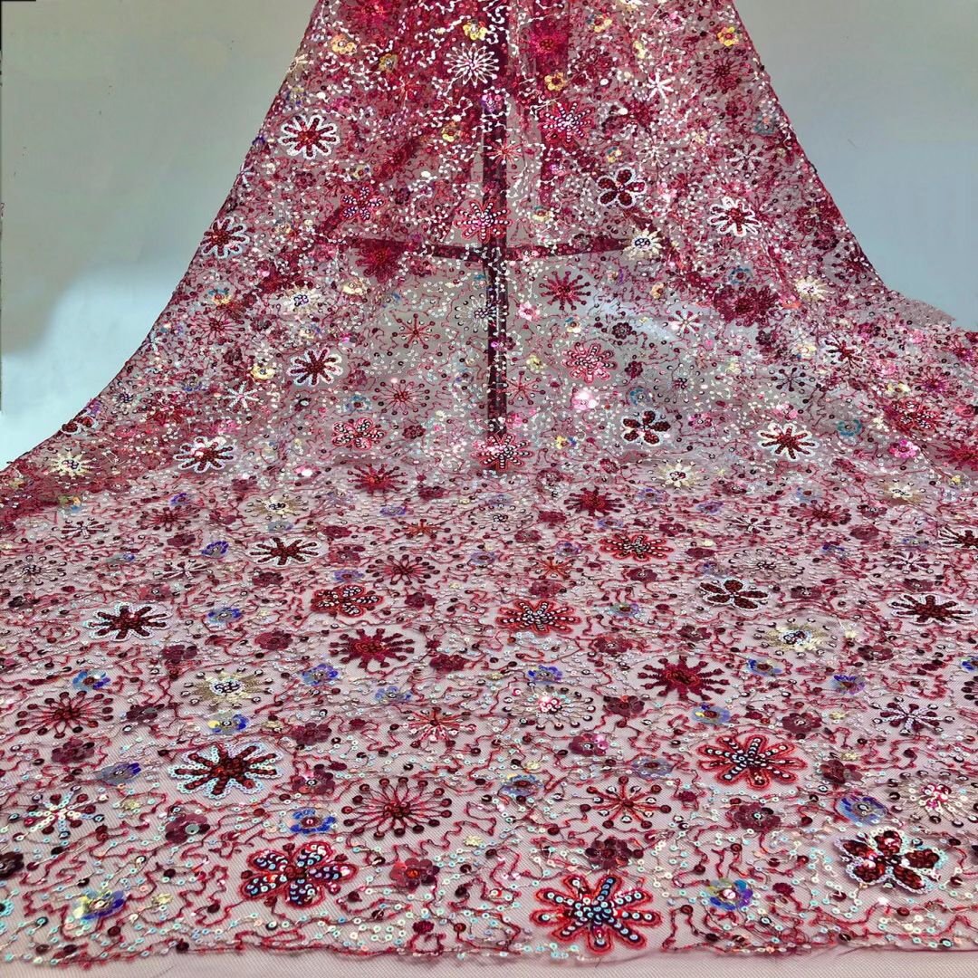 S003 New Design French 3D Flower Rhinestone Heavy Pearl Beads Lace Fabric Embroidery Tulle Lace Fabric