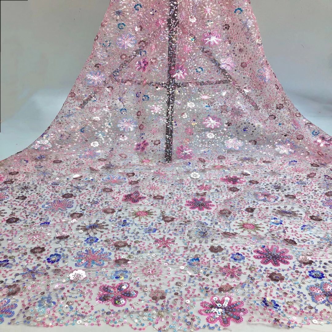 S003 New Design French 3D Flower Rhinestone Heavy Pearl Beads Lace Fabric Embroidery Tulle Lace Fabric