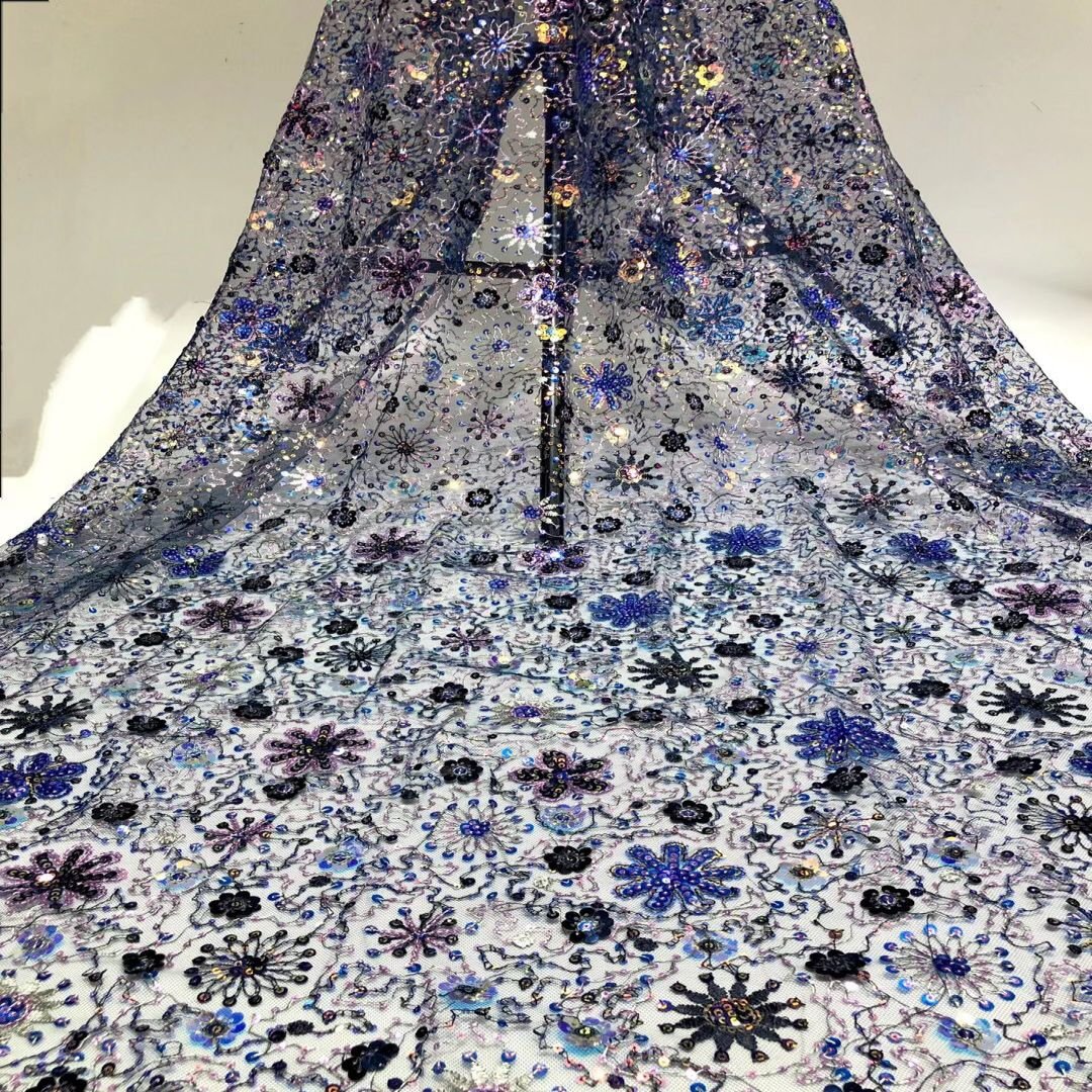 S003 New Design French 3D Flower Rhinestone Heavy Pearl Beads Lace Fabric Embroidery Tulle Lace Fabric