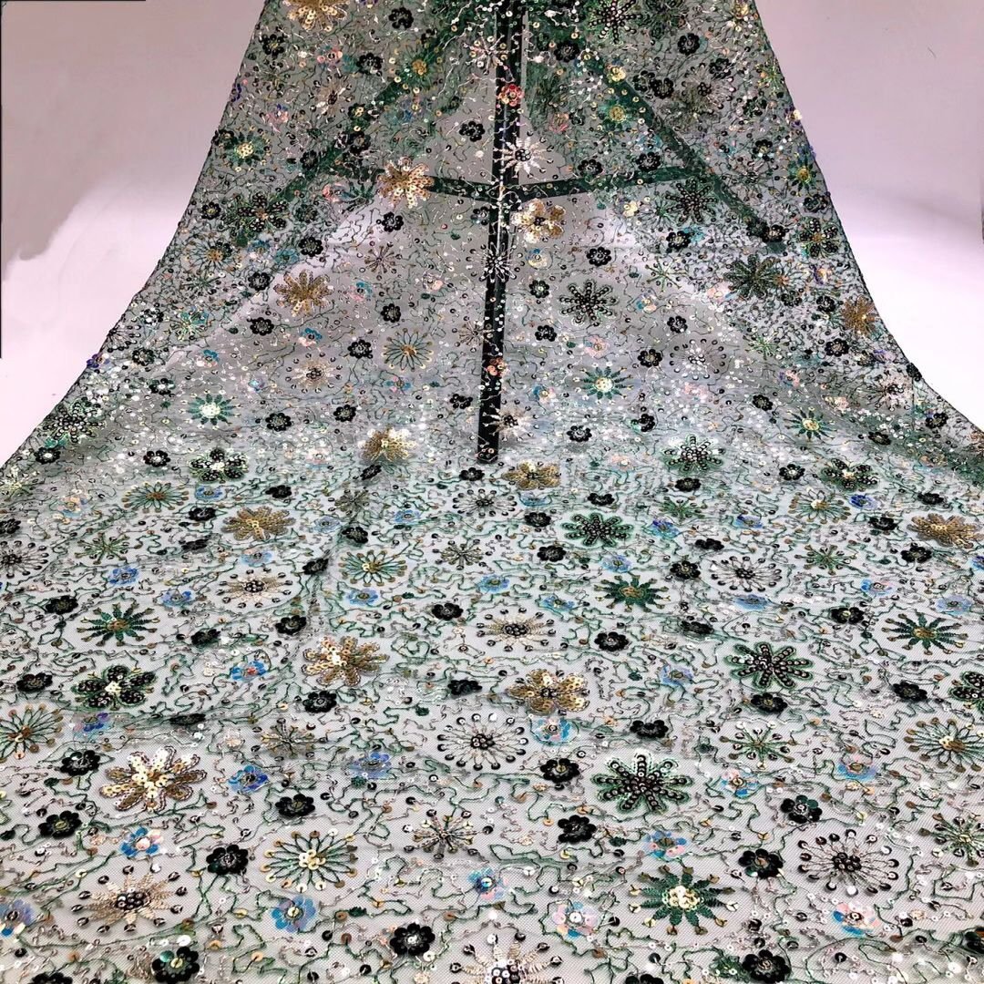 S003 New Design French 3D Flower Rhinestone Heavy Pearl Beads Lace Fabric Embroidery Tulle Lace Fabric