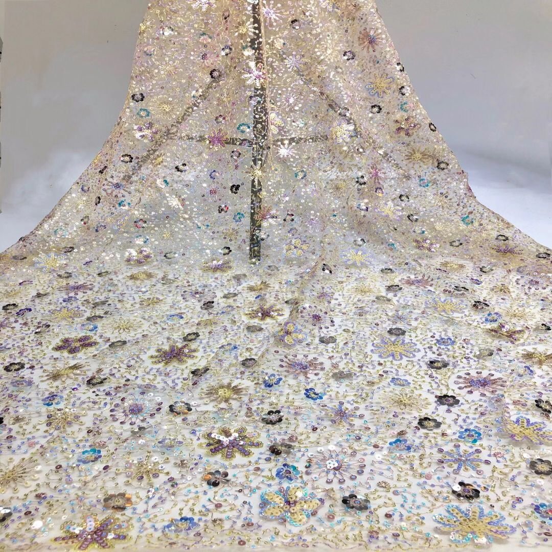S003 New Design French 3D Flower Rhinestone Heavy Pearl Beads Lace Fabric Embroidery Tulle Lace Fabric