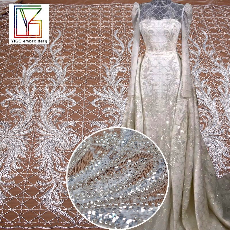 New luxury french bridal 3d heavy beaded lace with shining sequins embroidery wedding dress bridal lace fabric 5 yards
