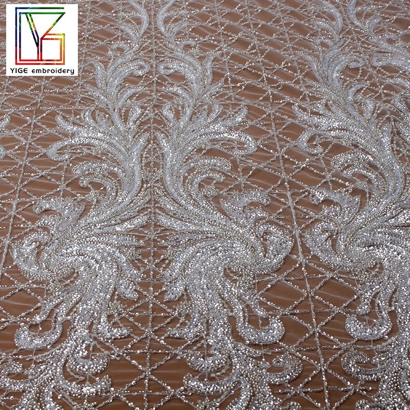 New luxury french bridal 3d heavy beaded lace with shining sequins embroidery wedding dress bridal lace fabric 5 yards