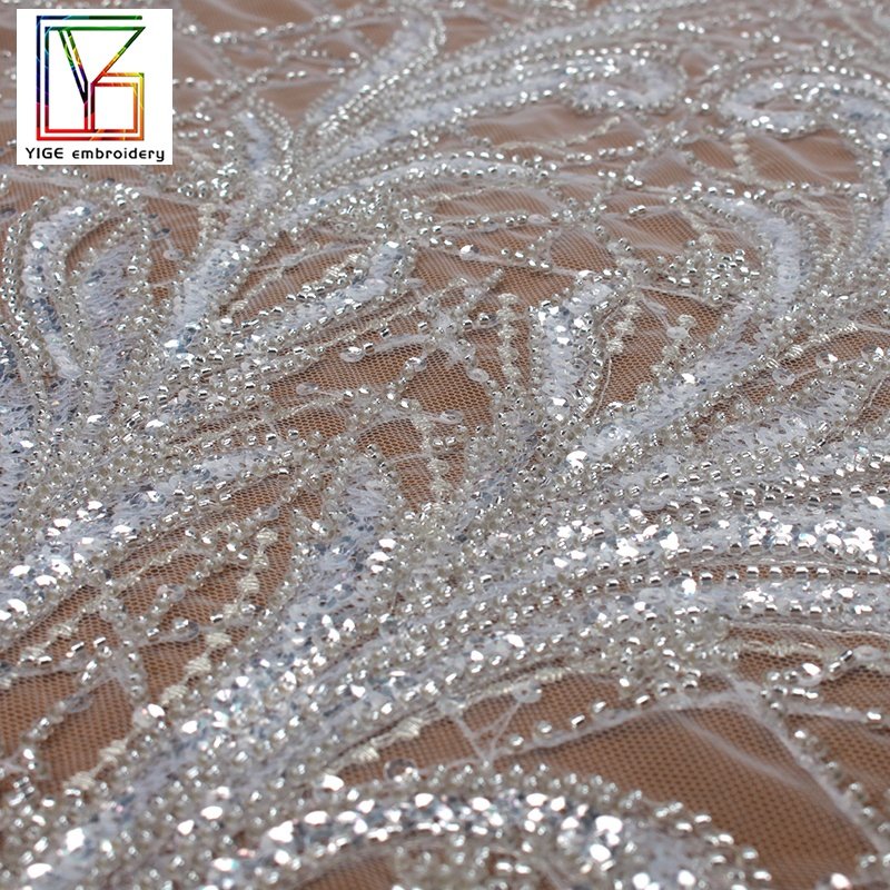 New luxury french bridal 3d heavy beaded lace with shining sequins embroidery wedding dress bridal lace fabric 5 yards