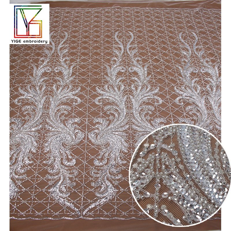 New luxury french bridal 3d heavy beaded lace with shining sequins embroidery wedding dress bridal lace fabric 5 yards