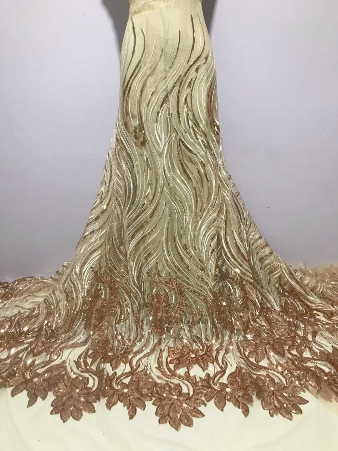 African High Quality Sparkling Sequins Lace Fabric Golden Luxury Net Lace FLoral Embroidery Tulle Lace Fabric