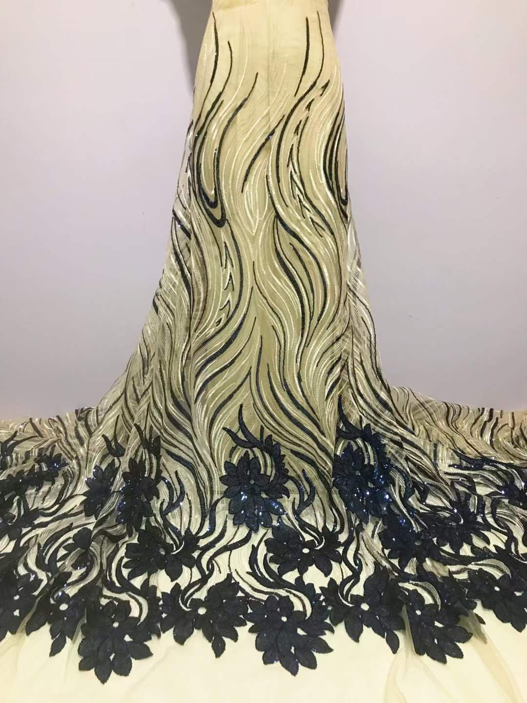 African High Quality Sparkling Sequins Lace Fabric Golden Luxury Net Lace FLoral Embroidery Tulle Lace Fabric