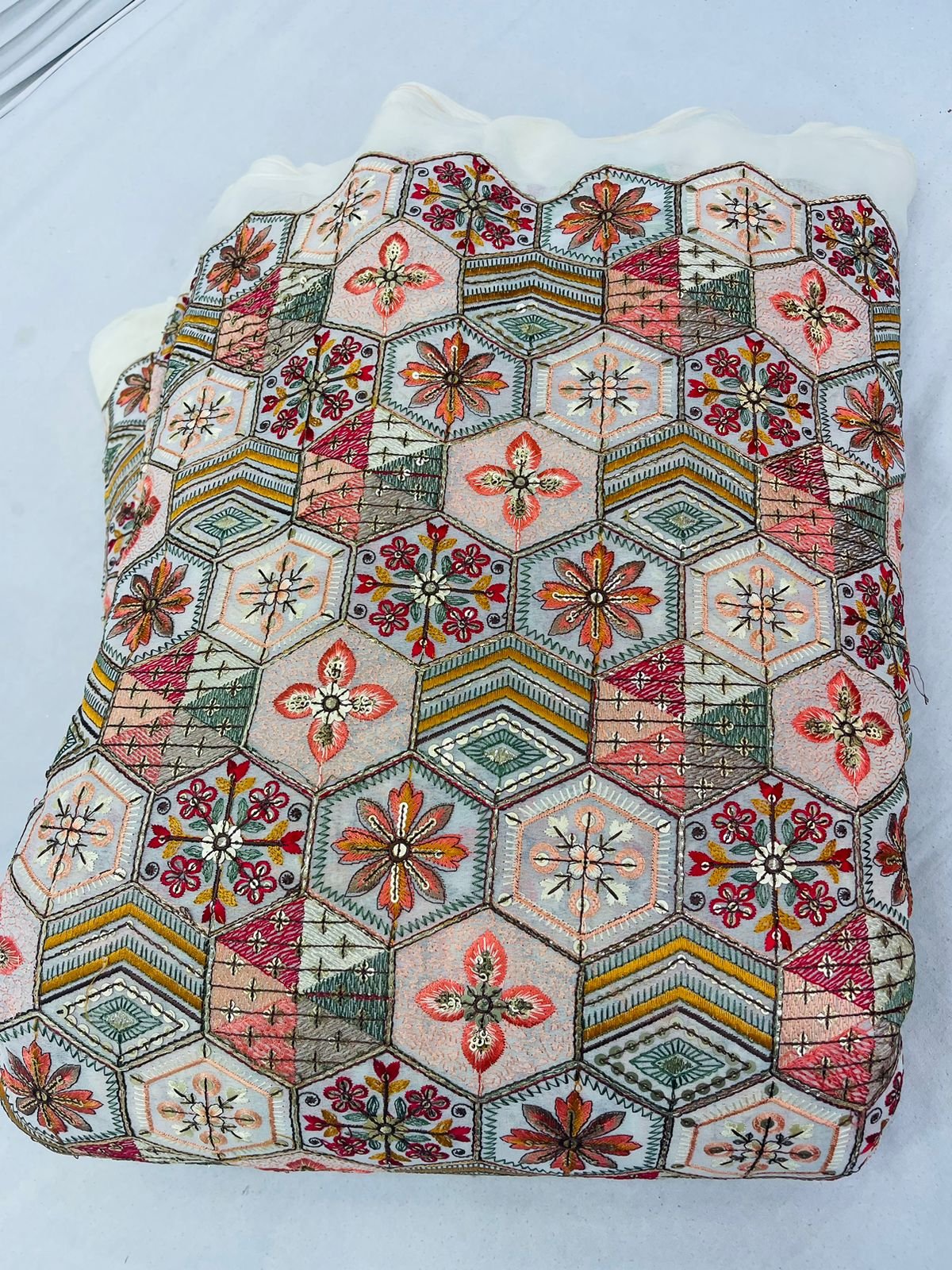 Best Quality Cotton Georgette Lace Fabric for Wedding Suit Making Featuring Embroidery Nine Needle Work Available at an Price