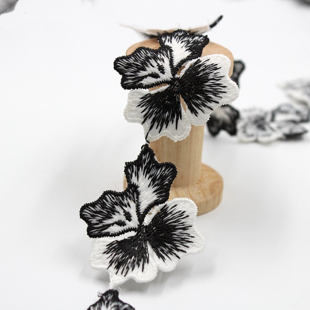 New design embroidery flower trimming, headdress ribbon, white and black polyester water-soluble lace trim