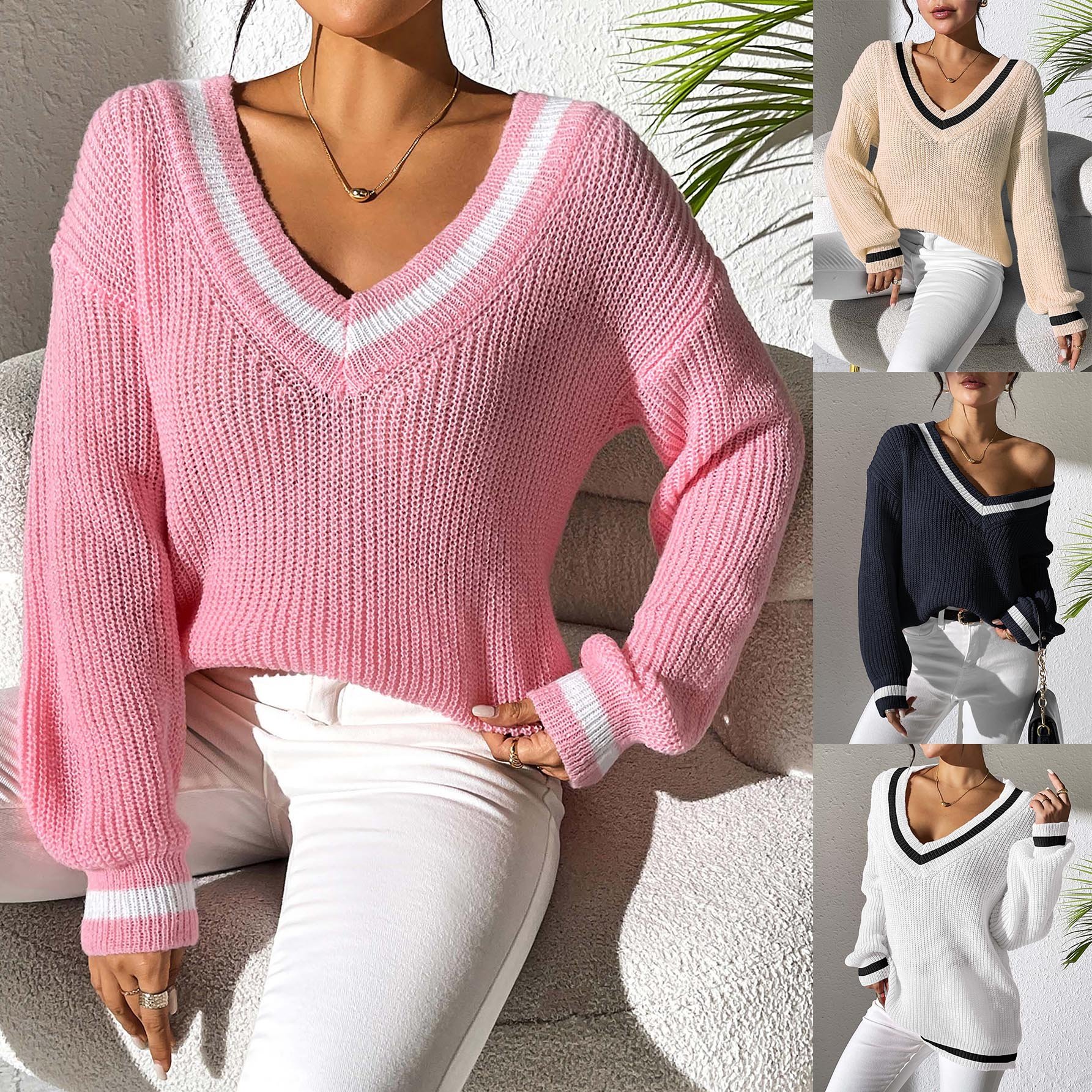 2024 Factory Preppy Style Fall Winter Casual V Neck Women's Pullover sweaters knitted Loose Plus Size Women Sweater Knit Tops