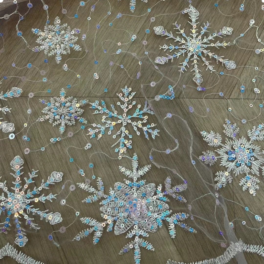 Width 130 cm Blue Snow flake Sequins beads Embroidered Tulle fabric hollow out mesh Lace embroidery Fabric for bridal dress