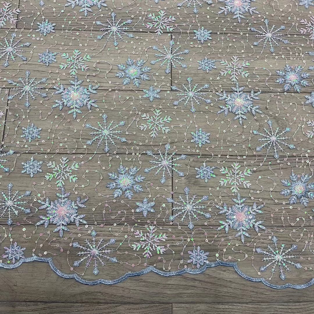Width 130 cm Blue Snow flake Sequins beads Embroidered Tulle fabric hollow out mesh Lace embroidery Fabric for bridal dress