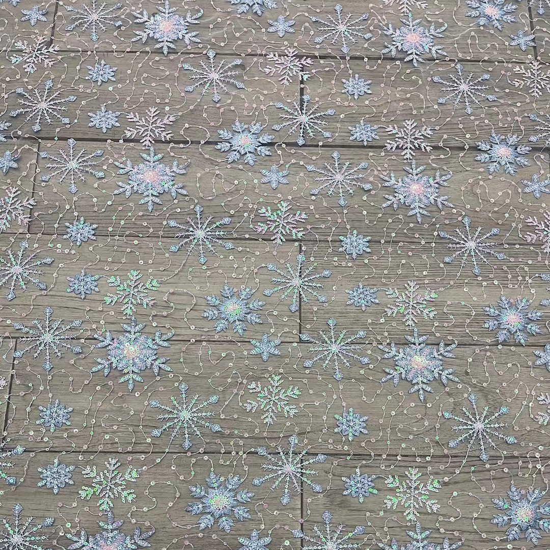 Width 130 cm Blue Snow flake Sequins beads Embroidered Tulle fabric hollow out mesh Lace embroidery Fabric for bridal dress