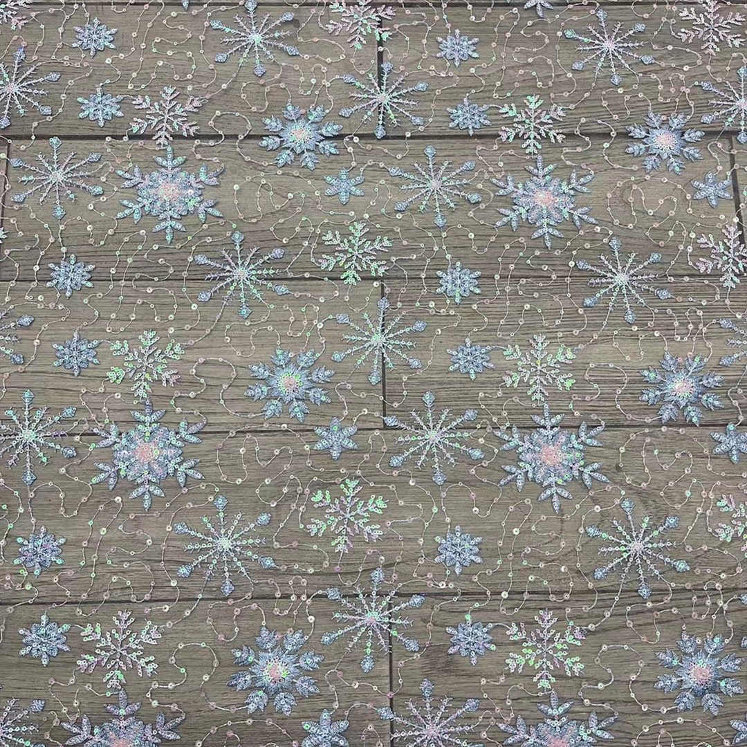 Width 130 cm Blue Snow flake Sequins beads Embroidered Tulle fabric hollow out mesh Lace embroidery Fabric for bridal dress