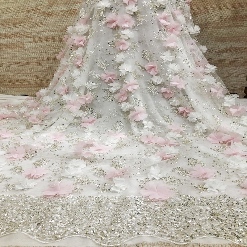3D Three-Dimensional Flower Sky Blue Mesh Fabric Sequins Three-Dimensional Flower Lace African Embroidery Lace Fabric