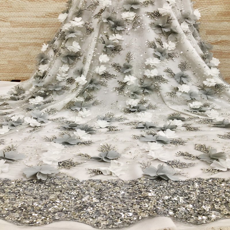 3D Three-Dimensional Flower Sky Blue Mesh Fabric Sequins Three-Dimensional Flower Lace African Embroidery Lace Fabric
