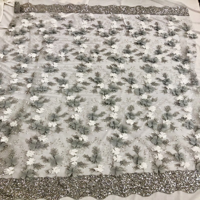 3D Three-Dimensional Flower Sky Blue Mesh Fabric Sequins Three-Dimensional Flower Lace African Embroidery Lace Fabric