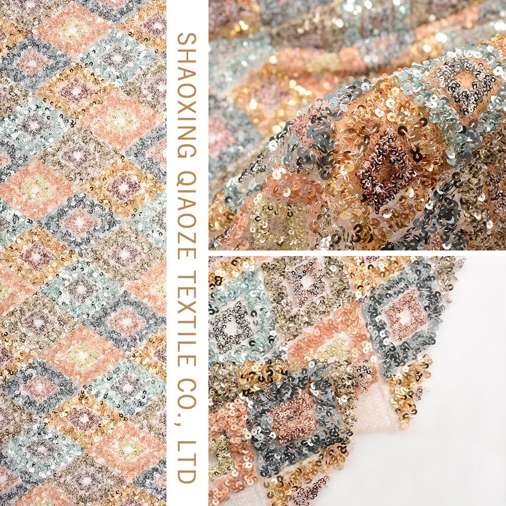 2019 new fashion 3d rose gold matte plaid sequin mesh fabric