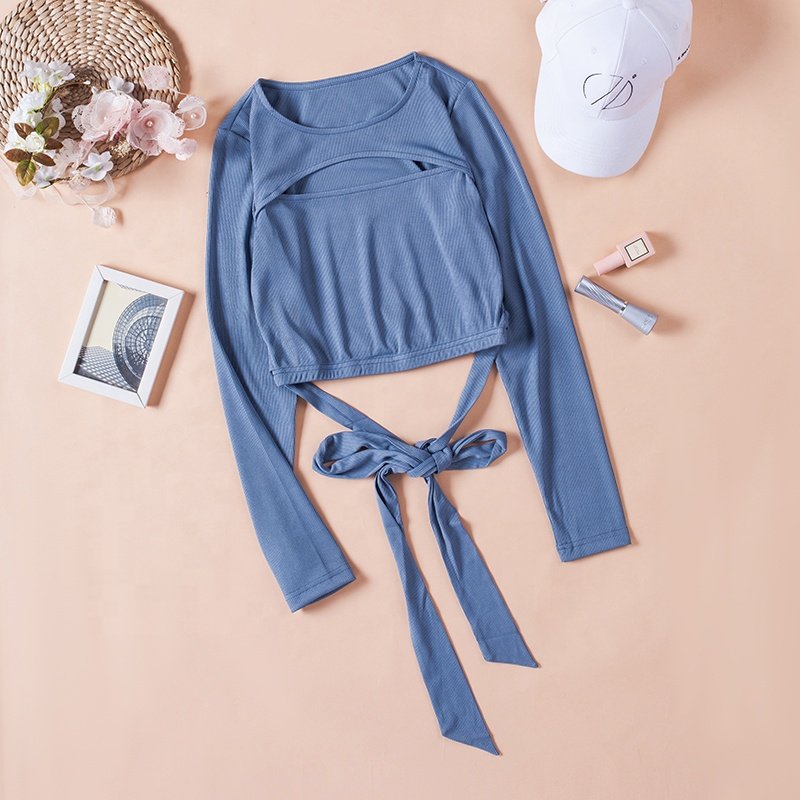 2022 New Arrivals Spring Clothing Long Sleeve Shirt Sexy Women Tops Fashionable Knit Crop Top Ribbed 95%cotton 5%spandex T-shirt