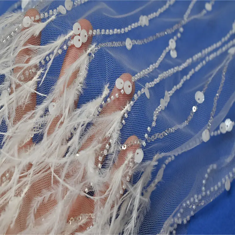 New Fashion Deluxe 3D Feathered bridal dress fabric white tulle Beaded Embroidery lace fabric