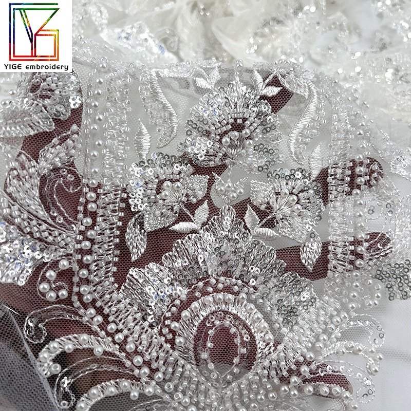 new design high quality mesh embroidery french white beaded sequins wedding lace bridal dress bead lace fabric