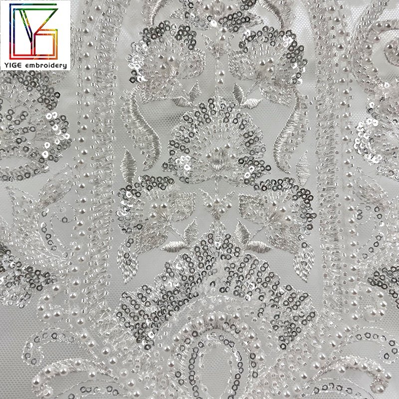 new design high quality mesh embroidery french white beaded sequins wedding lace bridal dress bead lace fabric