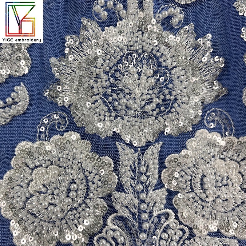 new design high quality mesh embroidery french white beaded sequins wedding lace bridal dress bead lace fabric