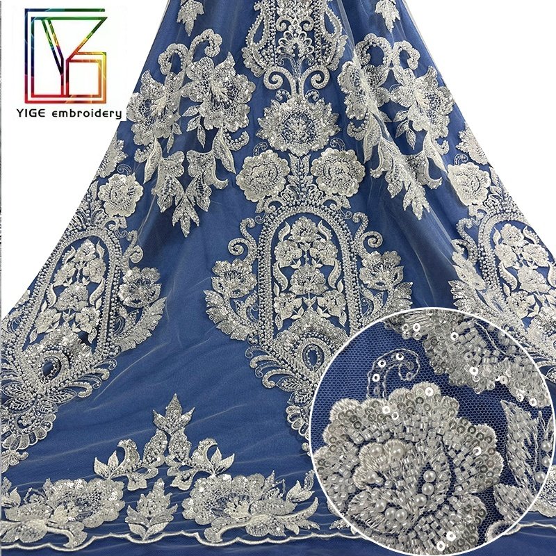 new design high quality mesh embroidery french white beaded sequins wedding lace bridal dress bead lace fabric